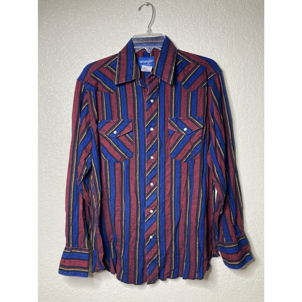 VTG Wrangler Flannel Mens Shirt L Striped Pearl Snap Western Grunge Rock